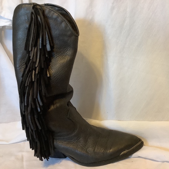 Vintage size 8 Western style black leather fringe cowboy boots made in USA - Picture 1 of 16